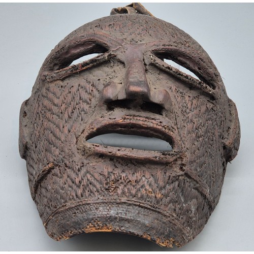 113 - Antique Tribal Woven, Wooden carved, hair and mud design face mask. Possibly Papua New Guinea or Afr... 