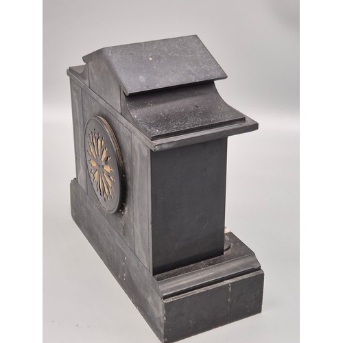 185 - 19th century slate mantle clock. Fitted with marble inserts. Comes with pendulum. [29x30x13cm]