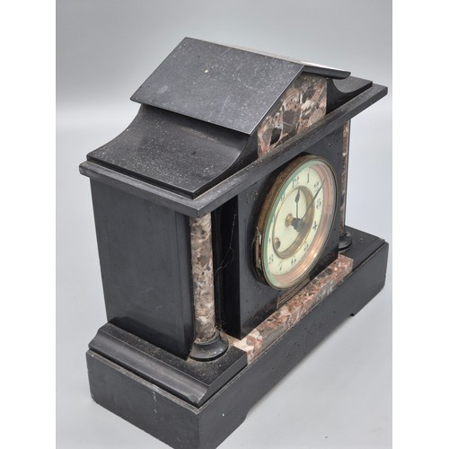 185 - 19th century slate mantle clock. Fitted with marble inserts. Comes with pendulum. [29x30x13cm]