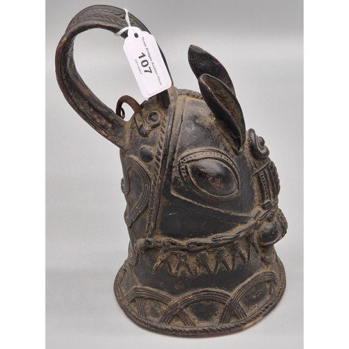 107 - Antique African Nigeria Tribal Bronze Benin Bell. Horse shaped having weaved trims and designs. From... 