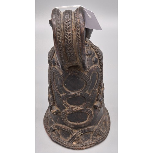 107 - Antique African Nigeria Tribal Bronze Benin Bell. Horse shaped having weaved trims and designs. From... 