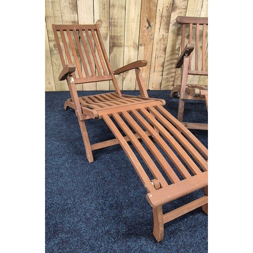 335 - A Pair of Teak Patio Deck folding sun Lounger arm chairs