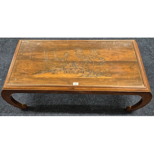 498 - Oriental Deeply Carved Low Coffee Table with fitted glass preserve [40 x110x51cm]