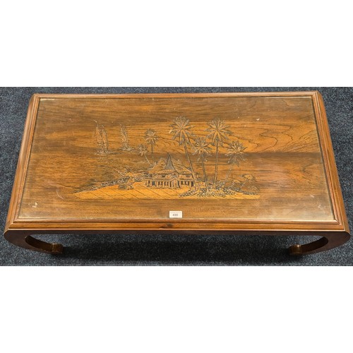 498 - Oriental Deeply Carved Low Coffee Table with fitted glass preserve [40 x110x51cm]