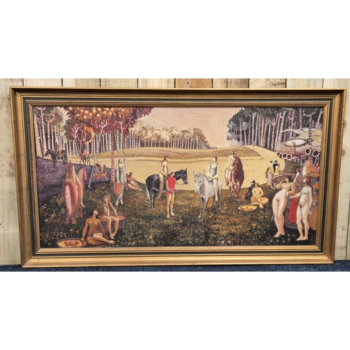 299 - Mid Century British School
Allegorical woodland landscape with nude and clothed figures. Acrylic on ... 