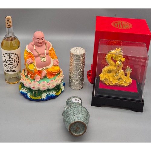 324 - Four various Asian collectables; Chinese celadon green and crackle glaze vase, Laughing buddha sculp... 