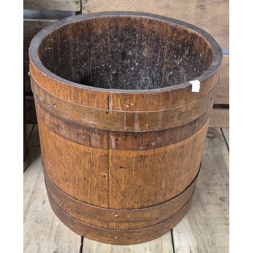 155 - Barrel coal bucket, copper coal bucket and German hand painted wooden umbrella stand.