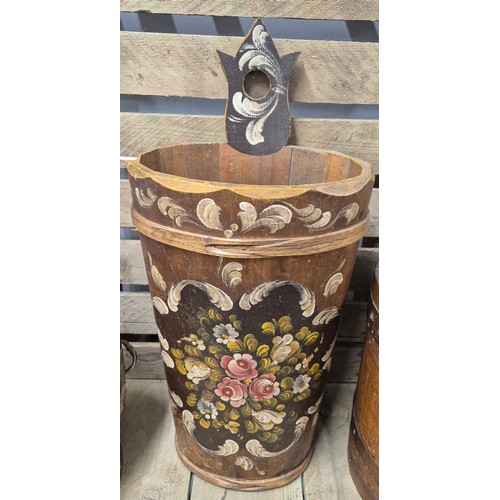 155 - Barrel coal bucket, copper coal bucket and German hand painted wooden umbrella stand.