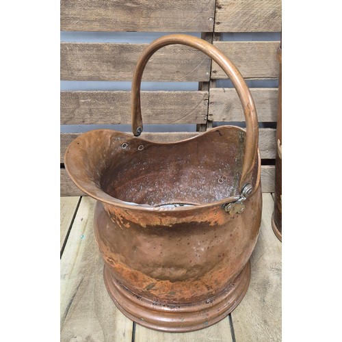 155 - Barrel coal bucket, copper coal bucket and German hand painted wooden umbrella stand.