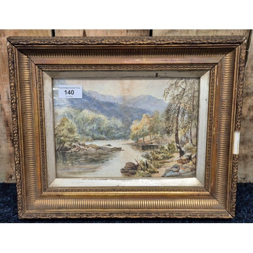 140 - Three antique watercolours framed within antique gilt frames; River and rural scene, Scottish cottag... 