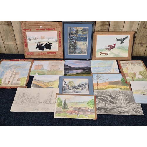 389 - A Crate of mixed artworks; mostly watercolours- Framed Harbour scene titled 