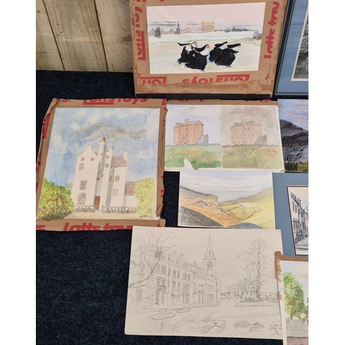 389 - A Crate of mixed artworks; mostly watercolours- Framed Harbour scene titled 