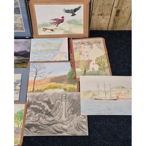 389 - A Crate of mixed artworks; mostly watercolours- Framed Harbour scene titled 