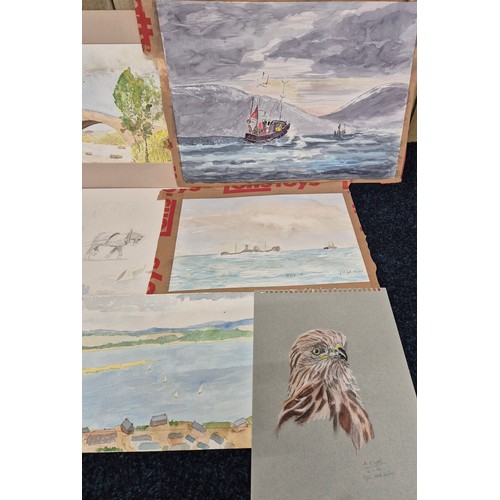 389 - A Crate of mixed artworks; mostly watercolours- Framed Harbour scene titled 