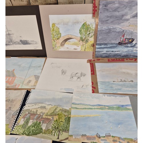 389 - A Crate of mixed artworks; mostly watercolours- Framed Harbour scene titled 