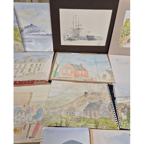 389 - A Crate of mixed artworks; mostly watercolours- Framed Harbour scene titled 