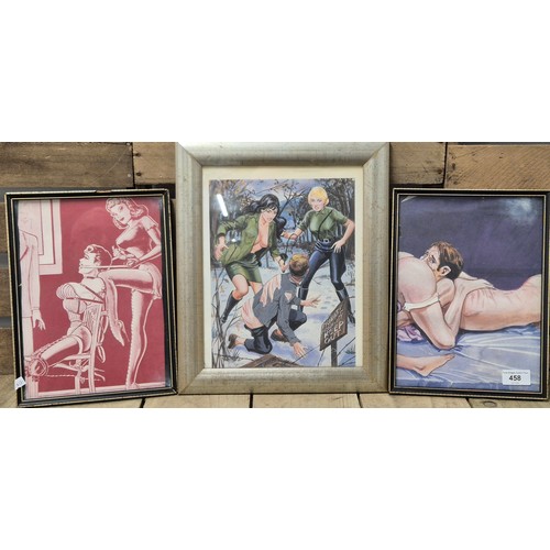 458 - Three framed erotic scene prints.