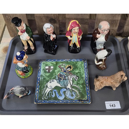 143 - Two Tray's of collectable figures and tile: Dickens series figures, Beswick dog, Wee Willie cat scul... 