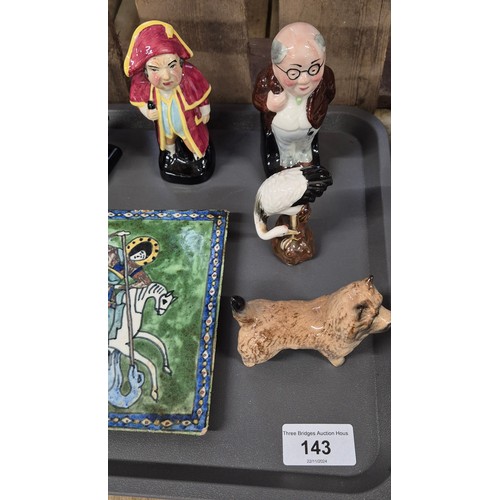 143 - Two Tray's of collectable figures and tile: Dickens series figures, Beswick dog, Wee Willie cat scul... 