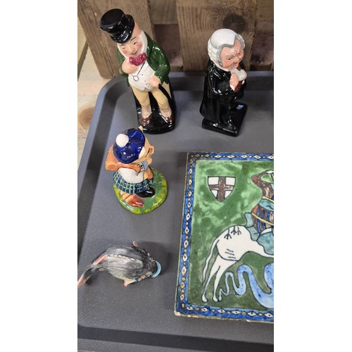 143 - Two Tray's of collectable figures and tile: Dickens series figures, Beswick dog, Wee Willie cat scul... 