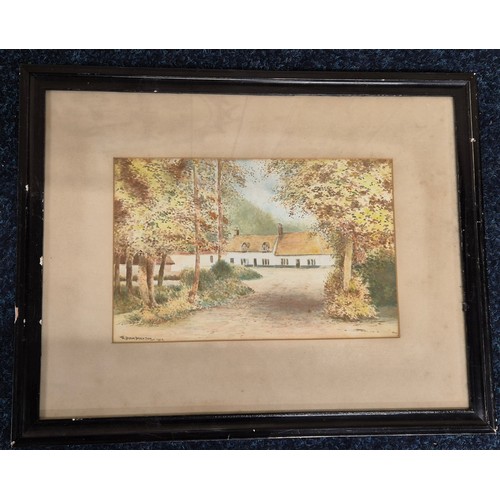 390 - Four various artworks: W. Dixon Darnton watercolour depicting cottage scene, RI. Hichens watercolour... 