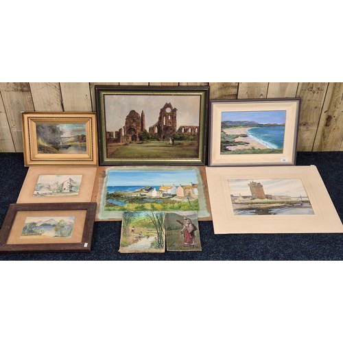 342 - A Collection of various artworks; Oil and watercolours- M. Anderson oil painting- Coastal scene, Ant... 