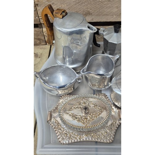 144 - Tray of Picquot ware and silver plated and glass butter dish.