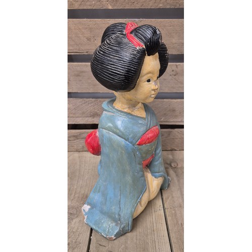 192 - Antique Chinese hand carved wooden sculpture of a kneeling lady figure. Hand painted. [37cm high]