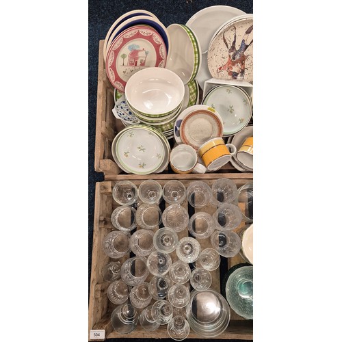 504 - Two Crates of collectables; Various crystal and glass wares, Dinner ware and mid century Mid Winter ... 