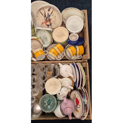 504 - Two Crates of collectables; Various crystal and glass wares, Dinner ware and mid century Mid Winter ... 