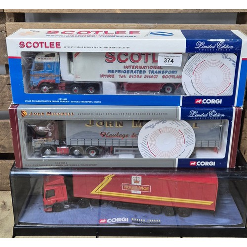 374 - A collection of three Corgi 1.50 scale Lorries & trailors; Scotlee Volvo FH Globe trotter fridge tra... 