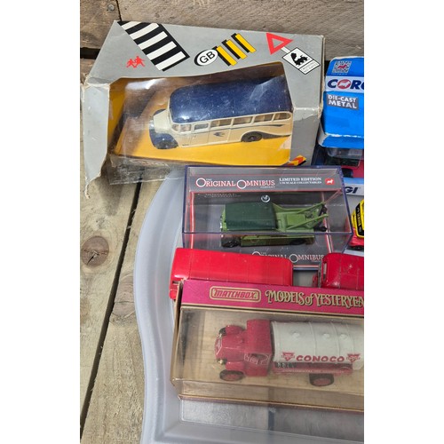 373 - A collection of loose & boxed bus & van models; Corgi OB Coach,Conoco tanker & many more