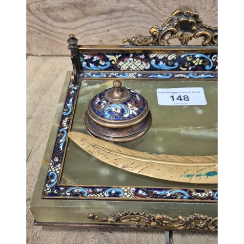 148 - 19th century French Champleve enamel, Onyx and and Ormolu mount double ink well stand. Comes with a ... 