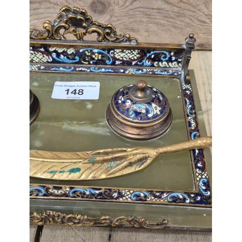 148 - 19th century French Champleve enamel, Onyx and and Ormolu mount double ink well stand. Comes with a ... 