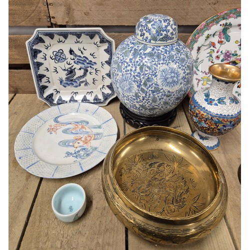 154 - A Tray of Chinese collectables: lidded preserve jar having a floral design. Cloisonne vase, Koi carp... 