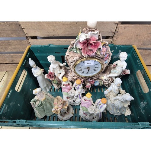 345 - A Crate of Victorian figures & Capodimonte porcelain clock & other items