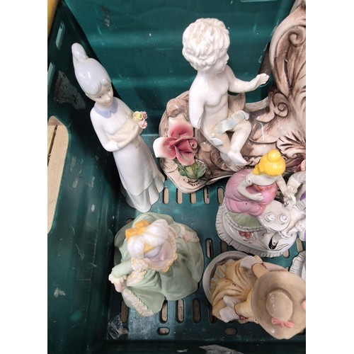 345 - A Crate of Victorian figures & Capodimonte porcelain clock & other items