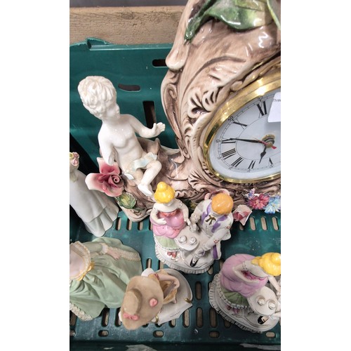 345 - A Crate of Victorian figures & Capodimonte porcelain clock & other items