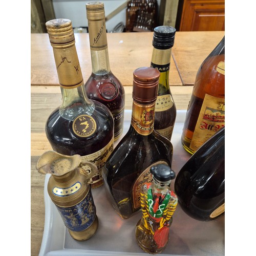 158 - A Tray of vintage cognac and Brandy; Martell Cognac- 1 litre. 1992 Asbach Uralt German Brandy- 1 lit... 