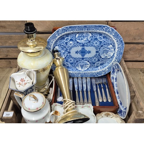 349 - A Crate of collectables; Silver plated cutlery set, blue & white Delft vase, two table lamps with sh... 