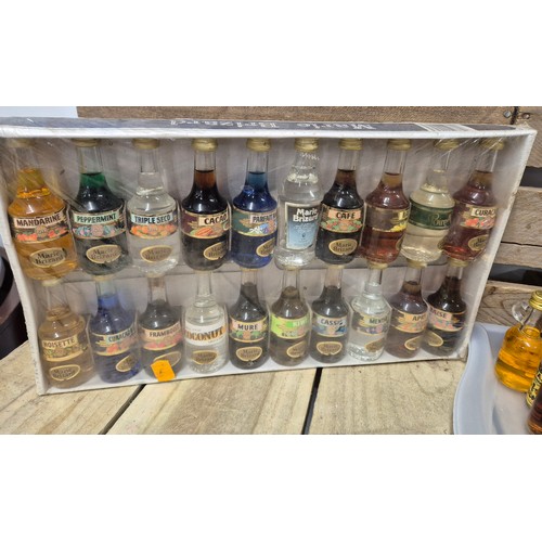 165 - Tray of collectable miniature spirits; Boxed Marie Brizard, Windjammer, Vodka, Port and many others.