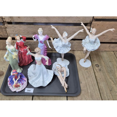 344 - A tray of collectable porcelain figures; Royal Doulton figure Blithe morning, Lorna Hn2311, Monica H... 