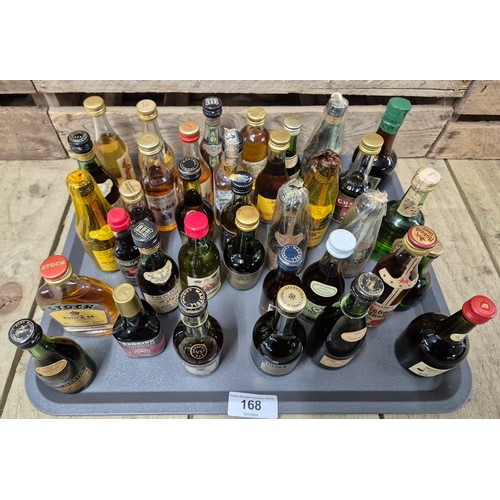 168 - Tray of miniature spirits; Cognac, Remy martin, Martell, Stock 84, Asbach Uralt and many others.