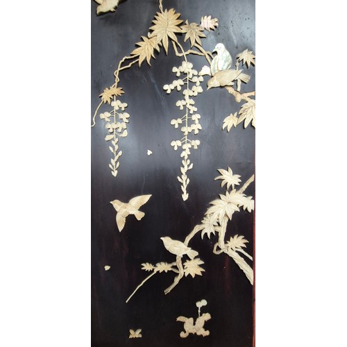 182 - A Large Japanese four fold room divider screen. Each panel being hand carved, lacquered and showing ... 