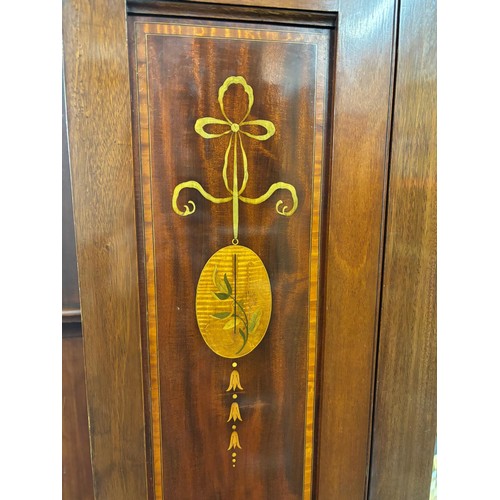 188 - Edwardian Mahogany double wardrobe. Marquetry ornate inlaid panels. Single mirror door. Single under... 