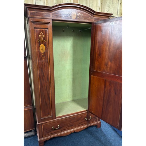 188 - Edwardian Mahogany double wardrobe. Marquetry ornate inlaid panels. Single mirror door. Single under... 