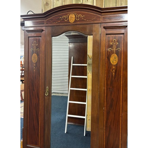 188 - Edwardian Mahogany double wardrobe. Marquetry ornate inlaid panels. Single mirror door. Single under... 