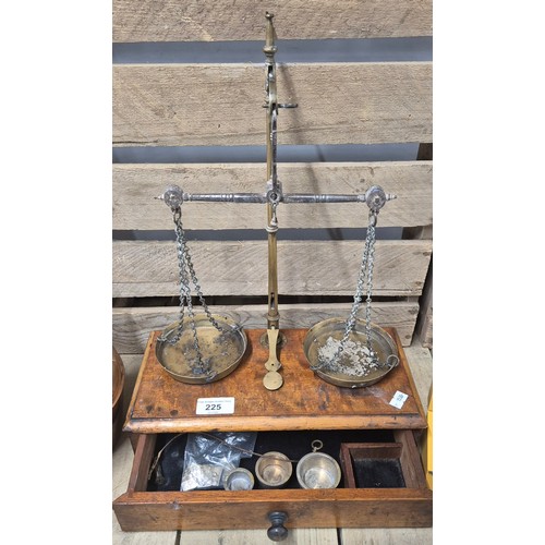 225 - Antique postal scales, loose weights. Boxed postal weights and copper kettle.