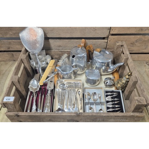 430 - Crate of silver plated items; Picquot tea and coffee service with serving tray, Arthur Price grape a... 