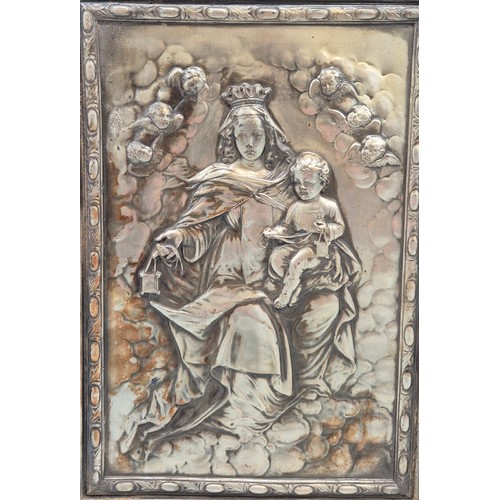 302 - Antique raised relief silver plated religious scene Icon. Fitted with a moulded ornate frame. [Frame... 